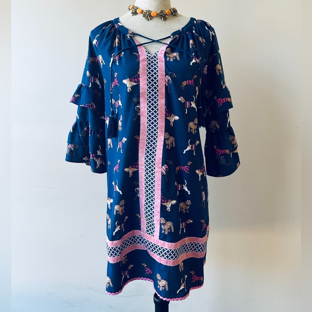 Simply Southern Women’s Navy Blue Bell Sleeve Dog Print Dress